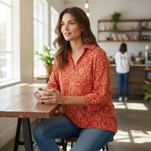 David Cline Crushed Print Shirt Womens S Collared Boho Red Orange Top